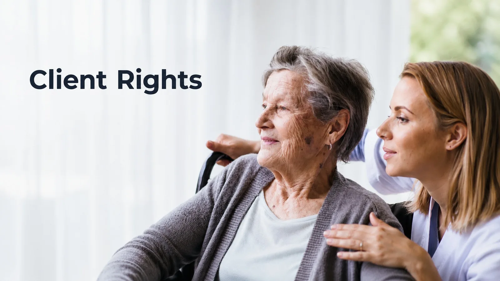 Frame from the Family Resource orientation video: an older client and her caregiver together under the heading Client Rights, noting that every client receiving care has rights protected by federal and state law.