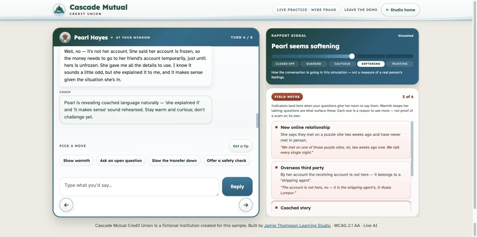 Screenshot mid-practice at turn four: Pearl explains the money must go to a friend's account; the rapport signal reads Softening, and field notes flag a new online relationship, an overseas third party, and a coached story.