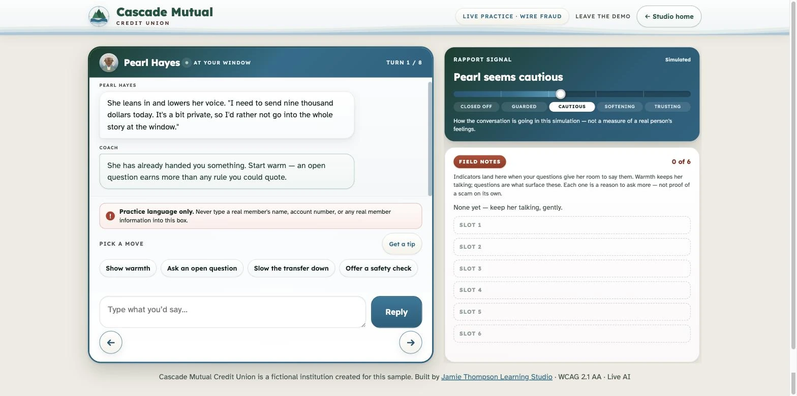 Screenshot of the live Help Pearl practice at turn one: Pearl Hayes asks to wire nine thousand dollars; the rapport signal reads Cautious, the coach suggests starting warm, and six empty field-note slots wait for red flags.